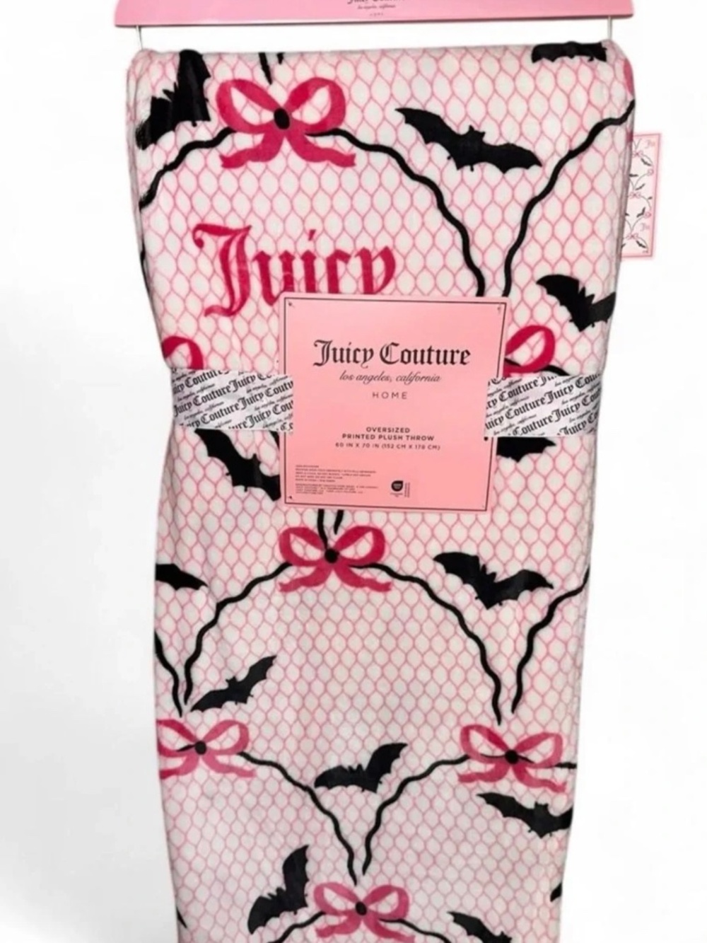BNWT Juicy Couture Halloween Plush Throw Blanket, white/bats/pink bows